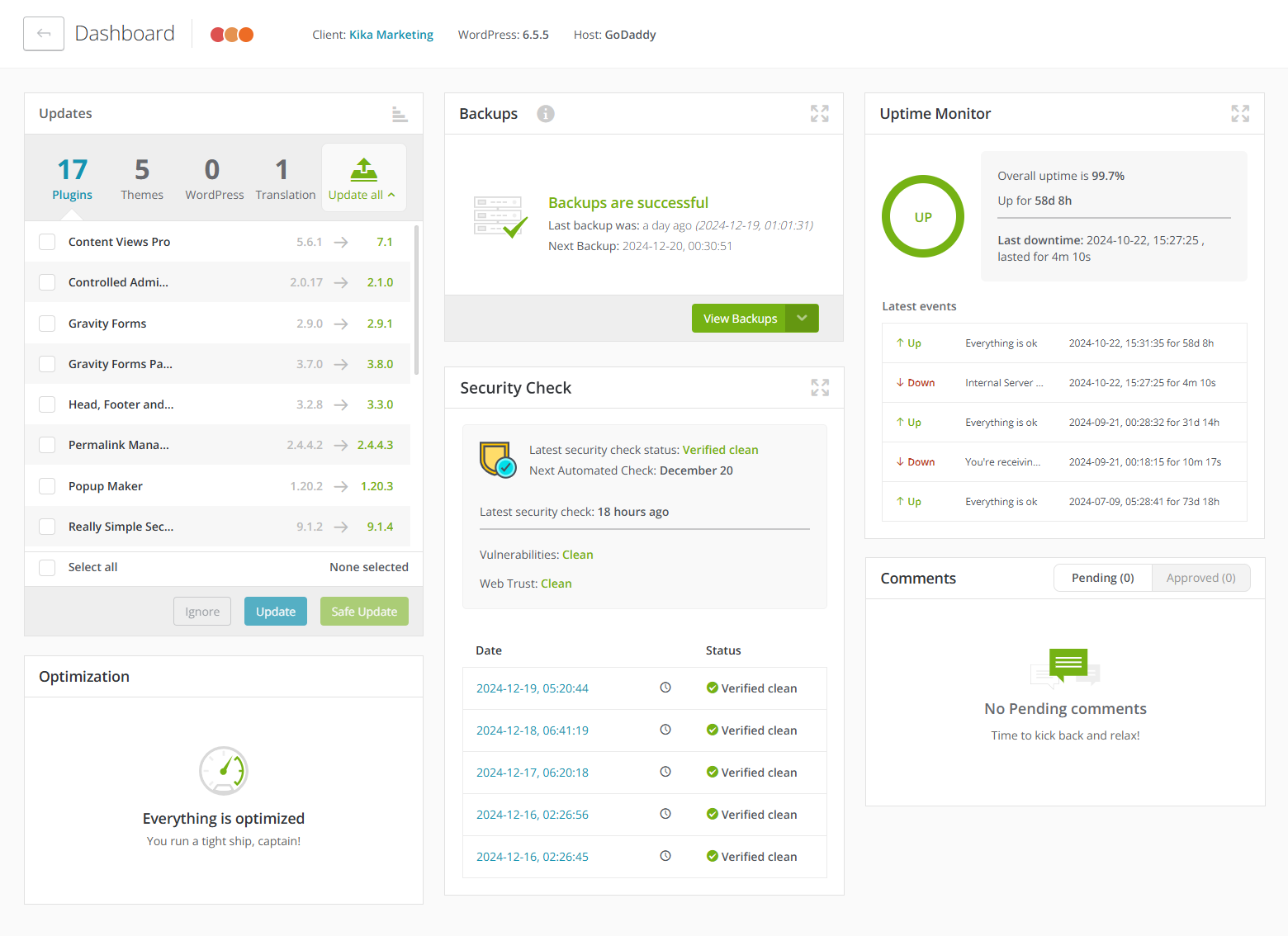 Screenshot of a website management dashboard for a WordPress site. The dashboard shows 17 plugin updates, 5 theme updates, and a WordPress core update available. Backups are reported as successful, with the last backup a day ago. The uptime monitor shows 99.7% uptime over 58 days and 8 hours. The security check is verified clean, and the site is reported as optimized.